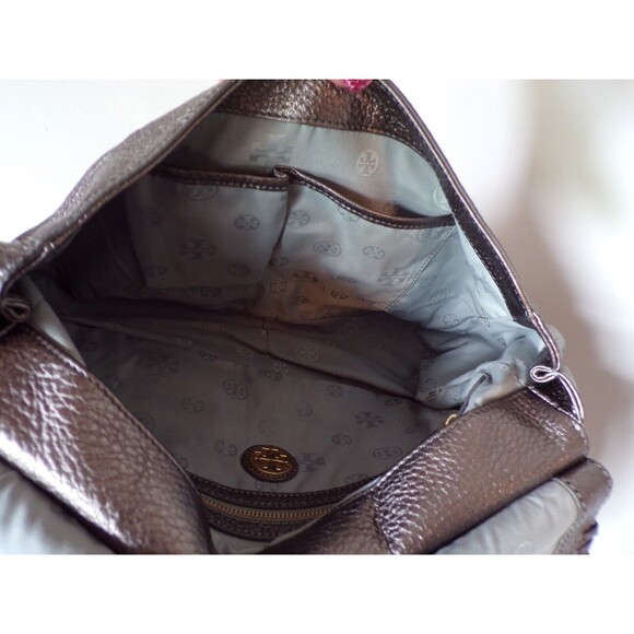 Tory Burch Marion Metallic Gray Silver Whipstitch Leather Saddle Bag w/Cover - Picture 6 of 8